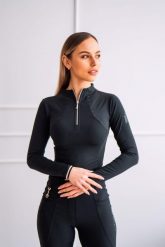 Bluzka techniczna Vanessa kolor czarny. Czarne bluzki damskie JD ATTACK, l, z aplikacjami, z elastanu, eleganckie, bez kołnierzyka, bez ramiączek. Za 269.00 zł.