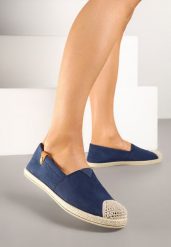 Granatowe Espadryle z Elastyczną Wstawką Zdobione Plecionką Kinellis. Niebieskie espadryle damskie Renee, na lato, z aplikacjami, eleganckie, bez obcasa, bez zapięcia. Za 39.99 zł.