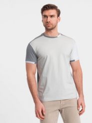 T-shirt męski z elastanem z kolorowymi rękawami - szary V4 - Rozmiar: L. Szare t-shirty męskie Ombre Clothing, l, bez wzorów, z bawełny, klasyczne, bez kołnierzyka. W wyprzedaży za 29.99 zł.
