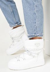 Białe Śniegowce Wsuwane z Ozdobnym Wiązaniem Amodita. Białe śniegowce i trapery damskie Born2be, z jeansu. Za 59.99 zł.