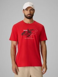 4F T-shirt regular z nadrukiem męski - czerwony L. Czerwone t-shirty męskie 4f, l, bez wzorów, z bawełny, biznesowe, bez kołnierzyka. Za 69.99 zł.