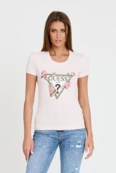 GUESS Różowy damski t-shirt Floral Triangle Tee, Rozmiar M. Czerwone t-shirty damskie Guess, m, z aplikacjami, bez kołnierzyka. W wyprzedaży za 163.99 zł.