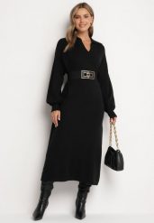 Czarna Pudełkowa Sukienka Sweterkowa z Wiskozą Szerokimi Rękawami i Kołnierzykiem Rinfera. Czarne sukienki damskie Born2be, na co dzień, uniwersalny, bez wzorów, z dzianiny, eleganckie, bez kołnierzyka, bez ramiączek, proste. Za 79.99 zł.