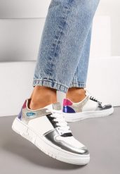 Biało-Srebrne Sneakersy na Grubej Podeszwie ze Wstawkami z Brokatu Bizzala. Białe obuwie sportowe damskie Born2be, bez wzorów, trekkingowe. Za 54.99 zł.