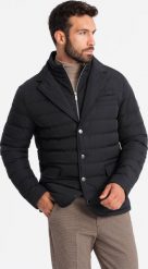 Kurtka męska Ombre Męska pikowana kurtka o kroju marynarki czarna V3 OM-JALP-0188 XL. Czarne kurtki męskie Ombre, m, bez wzorów, bez kaptura. Za 299.99 zł.
