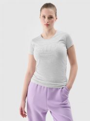 4F T-shirt slim z nadrukiem damski - szary L. Szare koszulki sportowe damskie 4f, l, bez wzorów, z bawełny, sportowe, bez kołnierzyka. W wyprzedaży za 39.99 zł.