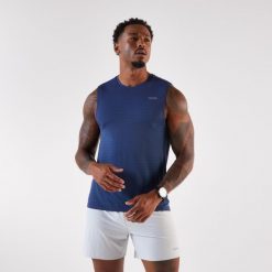 Koszulka do biegania bez rękawów męska Kiprun 500 Comfort. Niebieskie koszulki sportowe męskie KIPRUN, l, bez wzorów, z materiału, bez kołnierzyka, bez ramiączek, do biegania. Za 69.99 zł.