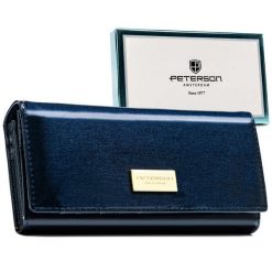 Granatowy, poziomy portfel damski ze skóry naturalnej i ekologicznej wyposażony w system RFID - Peterson. Niebieskie portfele damskie Peterson, bez wzorów, ze skóry. Za 70.00 zł.