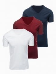 Zestaw męskich koszulek bawełnianych V-neck BASIC – biały/granatowy/bordowy V13 - Rozmiar: S. Czerwone t-shirty męskie Ombre Clothing, m, bez wzorów, z bawełny, biznesowe, bez kołnierzyka. Za 169.99 zł.