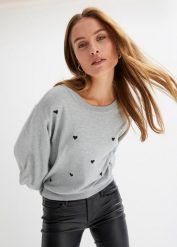 Sweter z haftem w serduszka z mieszanki wiskozy. Czarne swetry damskie bonprix, bez wzorów, z wiskozy, bez kołnierzyka, bez ramiączek, bez kaptura. Za 117.99 zł.