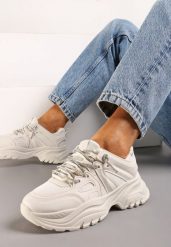 Beżowe Sneakersy na Grubej Podeszwie z Cyrkoniami na Sznurówkach Askira. Brązowe obuwie sportowe damskie Born2be, bez wzorów, z jeansu. Za 59.99 zł.