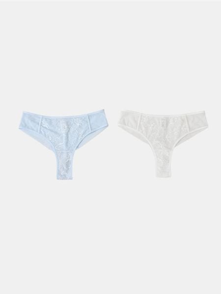 Stringi z ozdobną koronką 2 pack - niebieski. Niebieskie stringi damskie Sinsay, l, bez wzorów, z koronki. Za 19.99 zł.