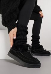 Czarne Śniegowce na Platformie Ozdobione Haftem i Futerkiem Linedis. Czarne śniegowce i trapery damskie Renee, z futra. Za 99.99 zł.