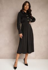 Czarna Koszulowa Sukienka o Rozkloszowanym Kroju z Gumką w Pasie i Imitacją Kieszeni Etaviela. Czarne sukienki damskie Renee, na co dzień, l, bez wzorów, eleganckie, bez kołnierzyka, bez ramiączek, midi, kopertowe. Za 149.99 zł.