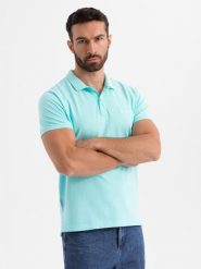 Polo koszulka z bawełnianej dzianiny pique – błękitna V2 OM-POSS-0103 - XXL. Niebieskie koszulki polo męskie Ombre Clothing, l, bez wzorów, z bawełny, eleganckie, bez ramiączek. W wyprzedaży za 79.99 zł.