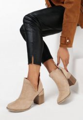 Beżowe Botki Galithera. Brązowe botki damskie Born2be, z jeansu, eleganckie, za kostkę, bez obcasa, na obcasie, bez zapięcia. Za 49.99 zł.