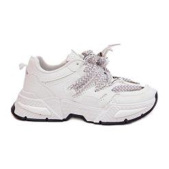 Sneakersy Buty Sportowe Damskie Z Podwójnym Sznurowaniem Białe. Białe obuwie sportowe damskie bez wzorów, ze skóry, trekkingowe. Za 155.14 zł.