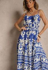 Niebieska Rozkloszowana Sukienka z Wiskozy Zdobiona Broszką i Wiązaniem Marionela. Niebieskie sukienki damskie Renee, na co dzień, l, z aplikacjami, z wiskozy, eleganckie, bez kołnierzyka, bez ramiączek, midi, rozkloszowane. Za 54.99 zł.