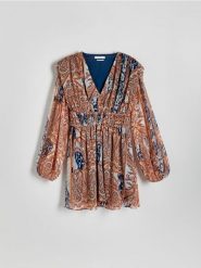 Wzorzysta sukienka mini - wielobarwny. Sukienki damskie Reserved, l, bez wzorów, z tkaniny, klasyczne, bez kołnierzyka, bez ramiączek, mini. W wyprzedaży za 79.99 zł.