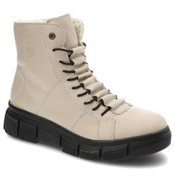 Botki damskie Rieker, cholewka z gładkiej skóry naturalnej z wysoką cholewką i kontrastowym sznurowaniem, beżowe, X3428‑60. Brązowe kozaki damskie Rieker, z puchu, przed kolano, bez obcasa, na obcasie. Za 331.99 zł.