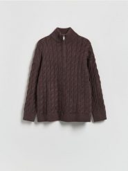 Sweter z zapięciem na zamek - ciemnobrązowy. Brązowe swetry damskie Reserved, l, bez wzorów, z dzianiny, bez kołnierzyka, bez ramiączek, bez kaptura. Za 159.99 zł.