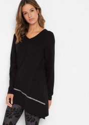 Długi shirt w asymetrycznym fasonie z brokatowym połyskiem. Czarne bluzki damskie bonprix, bez wzorów, z asymetrycznym kołnierzem, bez ramiączek. Za 84.99 zł.