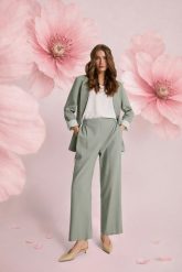 Spodnie z dodatkiem lnu oliwkowe. Zielone spodnie materiałowe damskie MOODO, l, bez wzorów, ze lnu. Za 139.99 zł.