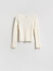 Bluzka z ozdobną wstawką - kremowy. Białe bluzki damskie Reserved, l, bez wzorów, z dzianiny, bez kołnierzyka, bez ramiączek. Za 99.99 zł.