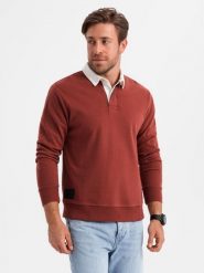 Bluza męska z białym kołnierzykiem polo - bordowa V3 - Rozmiar: L. Czerwone bluzy męskie Ombre Clothing, l, bez wzorów, z bawełny, bez kaptura. W wyprzedaży za 79.99 zł.