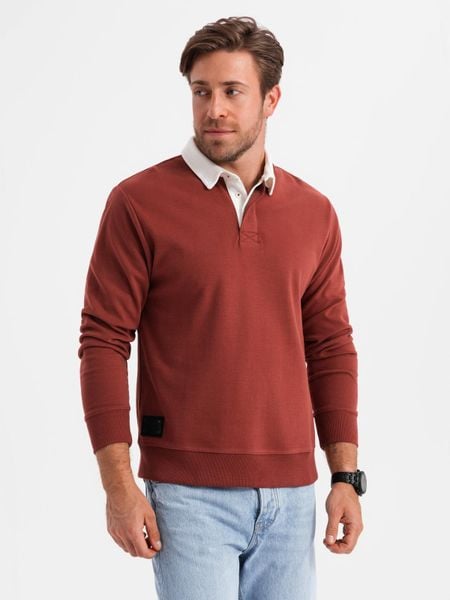 Bluza męska z białym kołnierzykiem polo - bordowa V3 - Rozmiar: L. Czerwone bluzy męskie Ombre Clothing, l, bez wzorów, z bawełny, bez kaptura. W wyprzedaży za 79.99 zł.