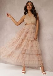 Beżowa Sukienka Koktajlowa z Koronkową Górą i Rozkloszowanym Tiulowym Dołem Venisa. Brązowe sukienki damskie Renee, na imprezę, m, bez wzorów, z koronki, eleganckie, bez kołnierzyka, bez ramiączek, maxi, rozkloszowane. Za 169.99 zł.