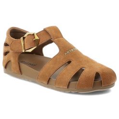Sandały damskie Artiker, cholewka ze skóry naturalnej zamszowej pasek wokół kostki z regulacją na klamrę, brązowe, 58C0329. Brązowe klapki damskie Artiker, bez wzorów, ze skóry, eleganckie, bez obcasa. Za 239.00 zł.