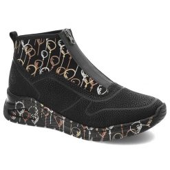 Czarne Botki Rieker Stylowe Obuwie Damskie. Czarne botki damskie Rieker, na wiosnę, z materiału, eleganckie, bez obcasa, bez zapięcia. Za 279.00 zł.