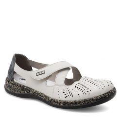 Półbuty Rieker. Białe półbuty damskie Rieker, bez wzorów, bez obcasa, na płaskiej podeszwie, bez zapięcia. Za 329.99 zł.