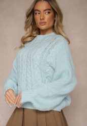 Niebieski Sweter z Wełną o Eleganckim Warkoczowym Splotem Makkaria. Niebieskie swetry damskie Renee, na jesień, z aplikacjami, z jeansu, eleganckie, bez kołnierzyka, bez ramiączek, długie, bez kaptura. Za 139.99 zł.