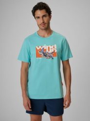 4F T-shirt regular z nadrukiem męski - turkusowy L. Niebieskie t-shirty męskie 4f, na lato, l, bez wzorów, z bawełny, klasyczne, bez kołnierzyka. W wyprzedaży za 39.99 zł.