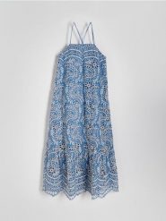 Sukienka maxi z ażurowym haftem - jasnoniebieski. Niebieskie sukienki damskie Reserved, l, w ażurowe wzory, z bawełny, bez kołnierzyka, bez ramiączek, maxi. W wyprzedaży za 119.99 zł.