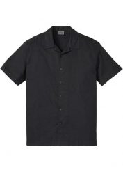 Koszula z krótkim rękawem, z domieszką lnu, Loose Fit. Czarne koszule męskie bonprix, l, bez wzorów, bez kołnierzyka, bez ramiączek. Za 124.99 zł.