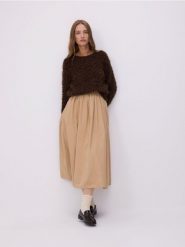 Spódnica midi - beżowy. Brązowe spódnice damskie Reserved, l, bez wzorów, z bawełny, midi, rozkloszowane. W wyprzedaży za 69.99 zł.