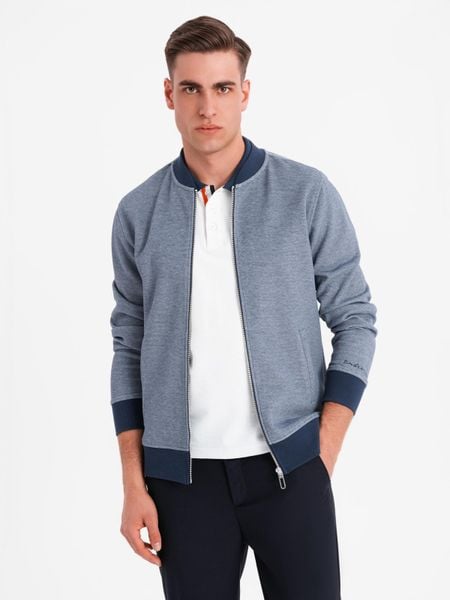 Bluza męska bomberka z dzianiny pique – granatowa V2 - Rozmiar: XL. Niebieskie bluzy męskie Ombre Clothing, m, bez wzorów, z bawełny, bez kaptura. Za 219.99 zł.