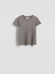 T-shirt z bawełny merceryzowanej - beżowy. Brązowe t-shirty damskie Reserved, l, bez wzorów, z bawełny, bez kołnierzyka. Za 89.99 zł.
