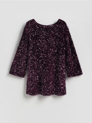 Sukienka mini z kokardą - ciemnofioletowy. Fioletowe sukienki damskie Reserved, na co dzień, l, bez wzorów, z dzianiny, bez kołnierzyka, bez ramiączek, mini, proste. Za 199.99 zł.