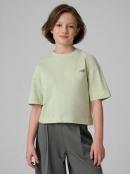 4F T-shirt loose gładki dziewczęcy - zielony 122/128 (6-8 lat). Niebieskie t-shirty damskie 4f, bez wzorów, z bawełny, bez ramiączek. Za 49.99 zł.