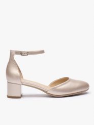 Platynowe ślubne czółenka ze skóry licowej. Brązowe czółenka damskie Ryłko, bez wzorów, ze skóry, eleganckie, z okrągłym noskiem, bez obcasa, na obcasie, bez zapięcia. Za 399.99 zł.