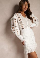 Biały Komplet Ażurowy z Bawełną Spódnica i Koszula Ozdobiona Guzikami z Pereł Leninia. Białe koszule damskie Renee, m, z aplikacjami, z bawełny, eleganckie, koszulowe. Za 84.99 zł.