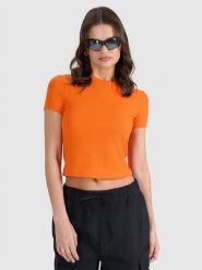 4F T-shirt slim z waflowej dzianiny damski - pomarańczowy L. Brązowe koszulki sportowe damskie 4f, l, bez wzorów, z dzianiny, klasyczne, bez kołnierzyka. W wyprzedaży za 29.99 zł.