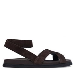 Sandały BOSS. Brązowe sandały damskie Boss, bez wzorów, bez obcasa, na płaskiej podeszwie, bez zapięcia. Za 899.99 zł.