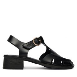 Sandały Fly London. Czarne sandały damskie Fly London, bez wzorów, bez obcasa, na słupku, bez zapięcia. Za 505.99 zł.