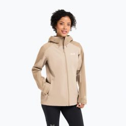 Kurtka przeciwdeszczowa damska Jack Wolfskin Wildbound 2L. Brązowe kurtki damskie Jack Wolfskin, l, bez wzorów, bez kaptura. Za 672.10 zł.