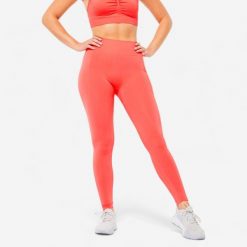 Legginsy fitness damskie Domyos Push Up. Czerwone legginsy damskie DOMYOS, l, bez wzorów, z elastanu, z podwyższonym stanem, długie, na fitness i siłownię. Za 79.99 zł.